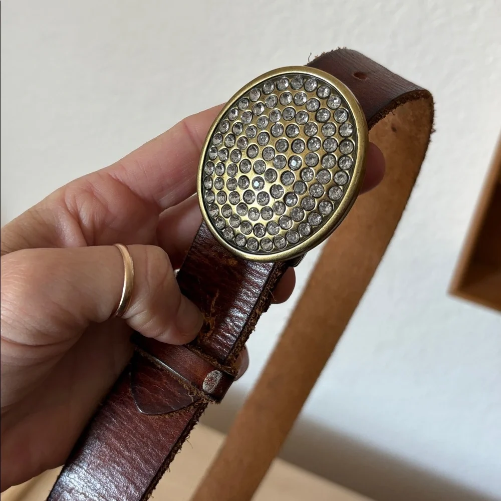 VINTAGE GAP Y2K Brown Leather Belt with Crystal Round Buckle
